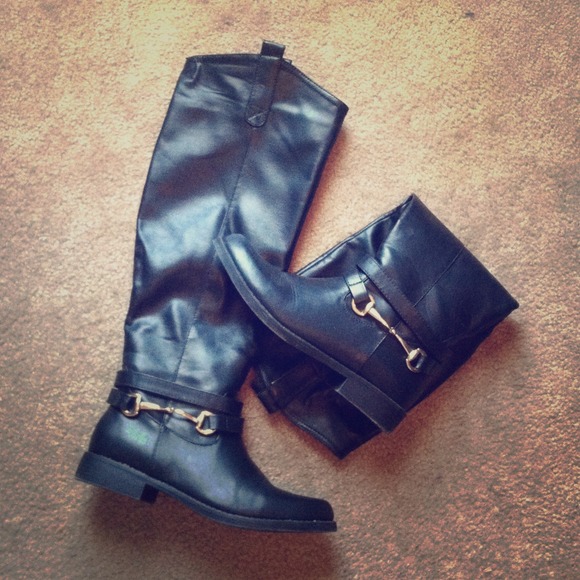 Worn Once! Classic Black Knee Boots w/ Gold Detail
