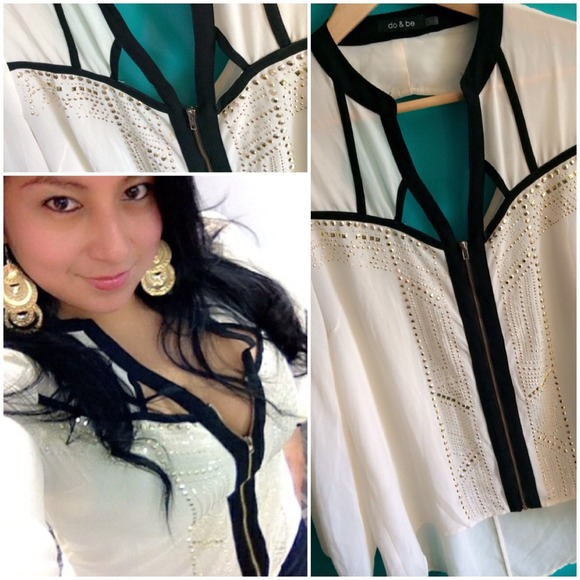 Ivory delicate gold studs dressy sheer top