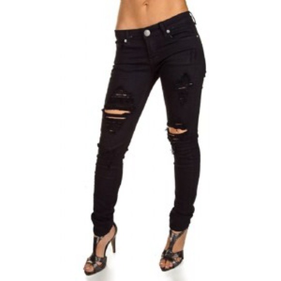 Black Denim Ripped Skinny Machine Jeans