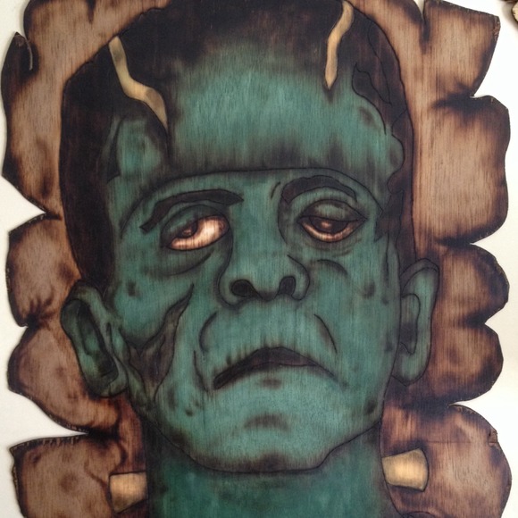 Wood Burned Frankenstein, by Tattooedwood@etsy.com
