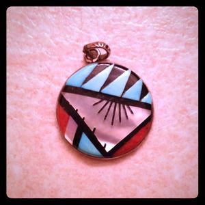 Real turquoise, coral, and opal pendant.