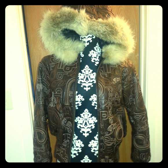 Brown leather jacket with hood