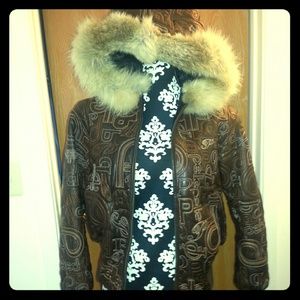 Brown leather jacket with hood