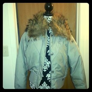 Gray downfilled coat with fur collar