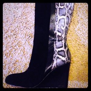 LOWER PRICE suede & leather snake prnt wedge boots