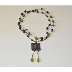Green And Brown Glass Beads And Metal Pendant