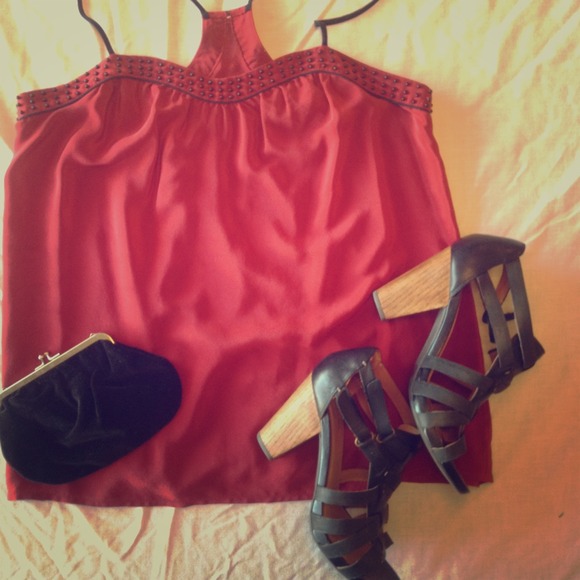 100% silk red top with black bead detail