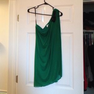 One shoulder draped green semi-formal dress
