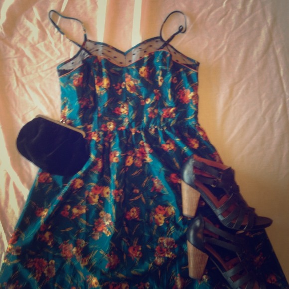 RESERVED Teal floral silky high-low dress