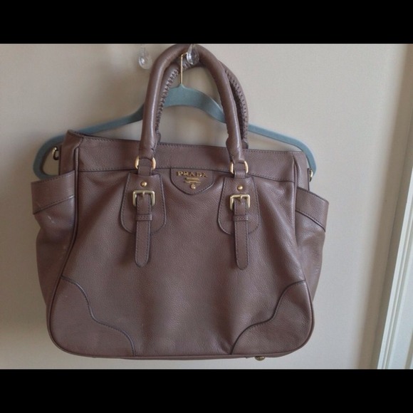 Large beige leather PRADA satchel tote.