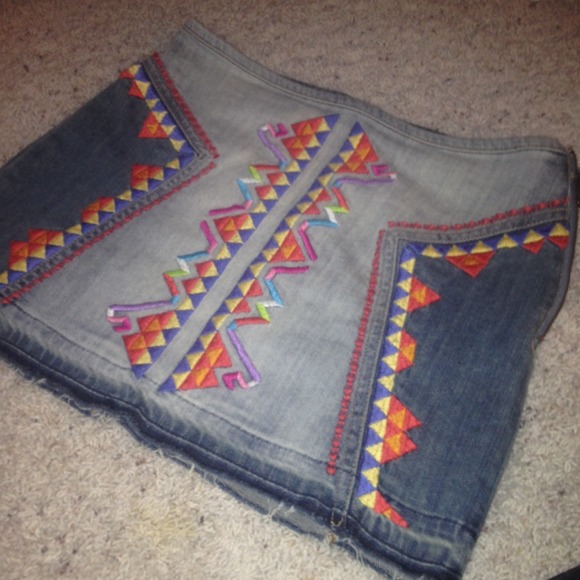 Colorful Free People Embroidered Jean Skirt
