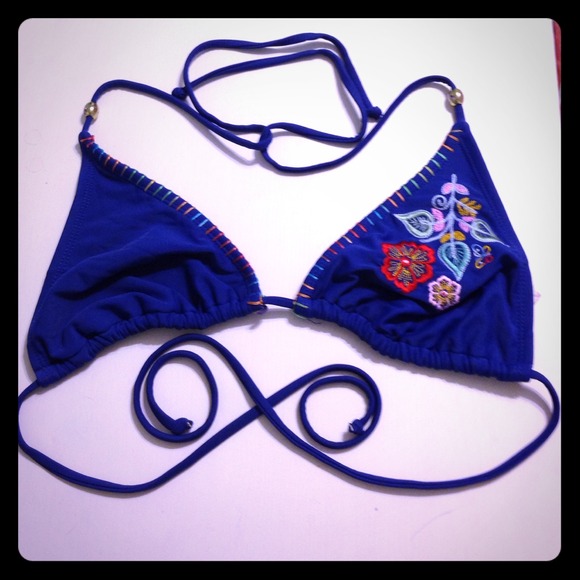 Triangle Blue Bikini top w/ Embroidered Flower
