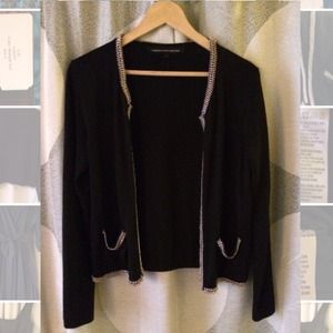 Black knit cardigan with silver chain trim