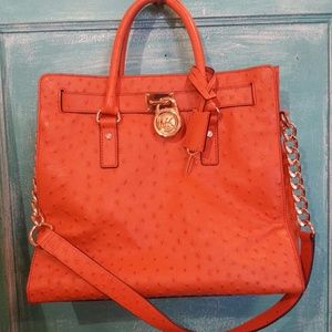 Michael Kors Orange ostrich embossed leather tote