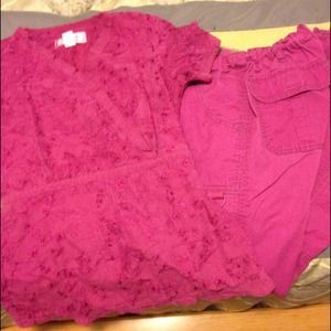 Koi XS pink embroidered scrub set