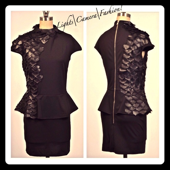 ✖️Sold out black peplum dress with leather details