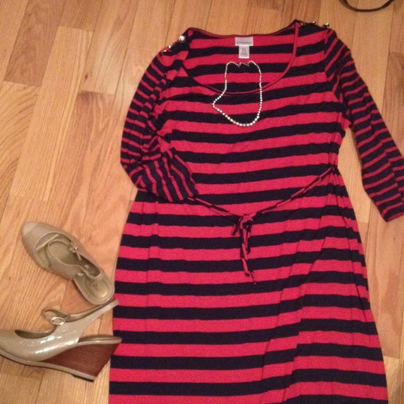 Navy blue and pink stripped maternity dress
