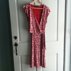 Red and white fern print wrap dress.