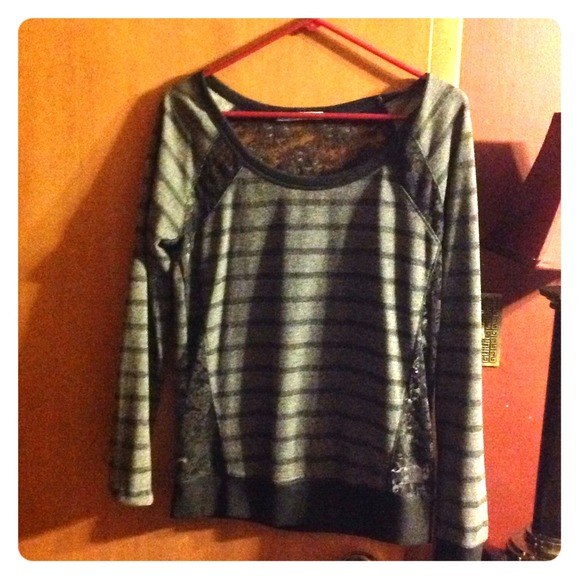 Black and gray striped sweatshirt with lace