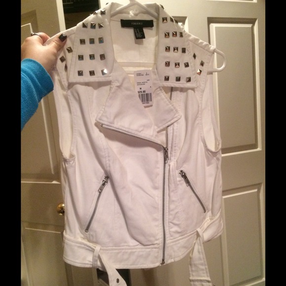 White Studded Denim Moto Vest