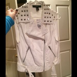White Studded Denim Moto Vest
