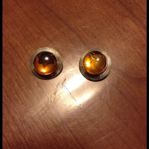 Vintage Amber & Sterling Silver Clip Earrings
