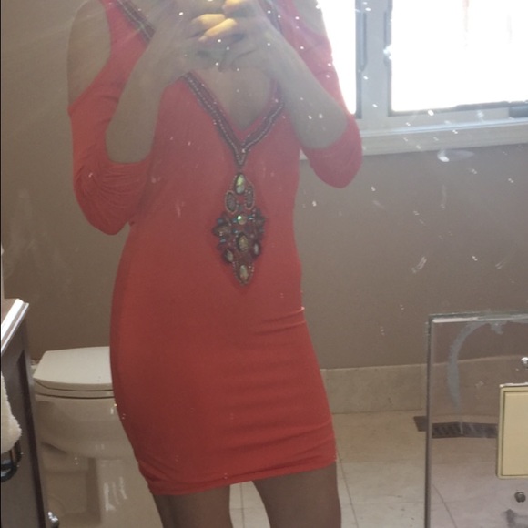 Sexy form-fitting orange dress w/ beaded detailing - Picture 3 of 3