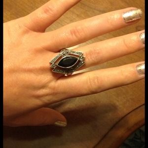 Vintage Pave Marcasite Marque Stone Ring Carved