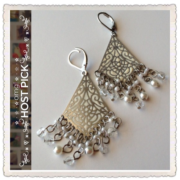 White & Silver Earrings with Beads