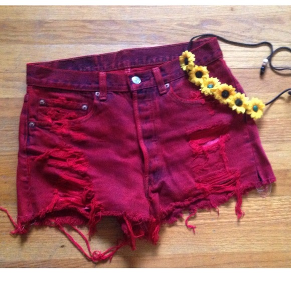 Urban Outfitters Denim - Red High Waisted Destroyed Vintage Levis Shorts