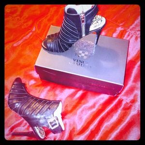 Vince Camuto peek a boo shoes + black silky pants