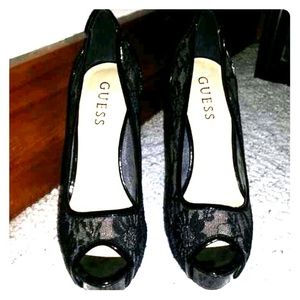 GUESS black lace peep toe heels