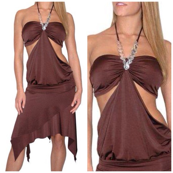 Dresses & Skirts - BOGO 50% OFF! Brown Draped Rhinestone Halter Dress
