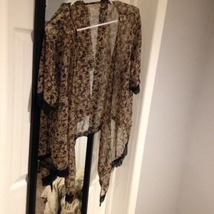 Brown floral sheer cardigan, black lace detail