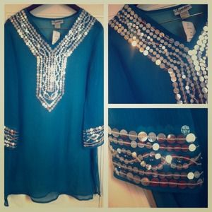 Sheer teal tunic with silver sequins