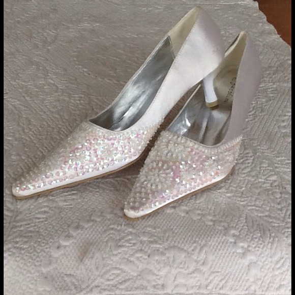 White Satin And Beaded Bridal Shoes - New in Box