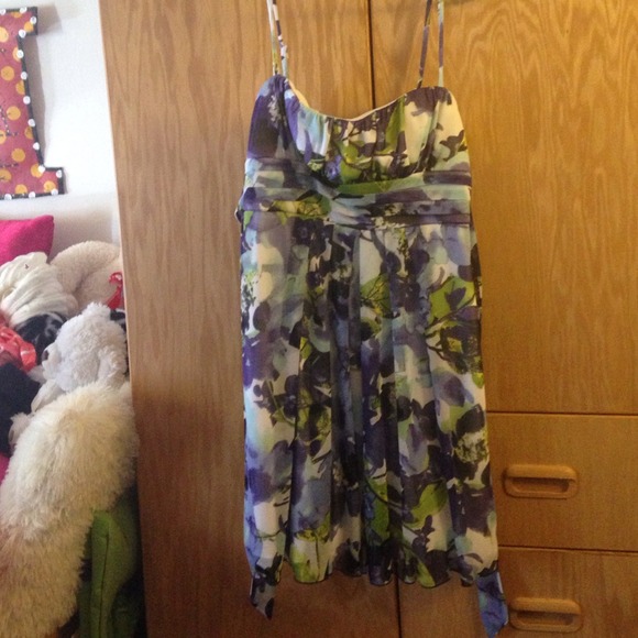 Purple, green, and blue floral dress.