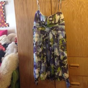 Purple, green, and blue floral dress.
