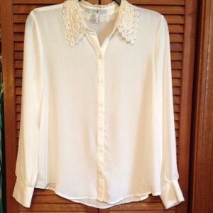 Cream Button up With Lace Collar Trim