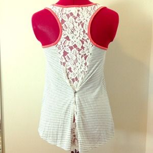 Grey & White Stripe with Coral Accent & Lace Back