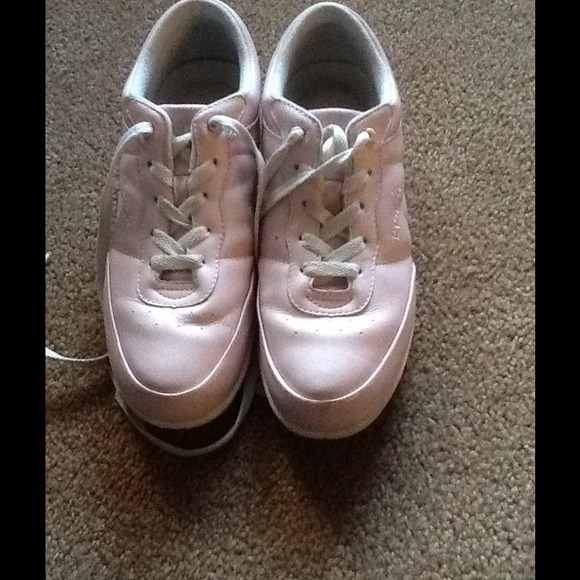 Worn light pink pro pet walker tennis shoes