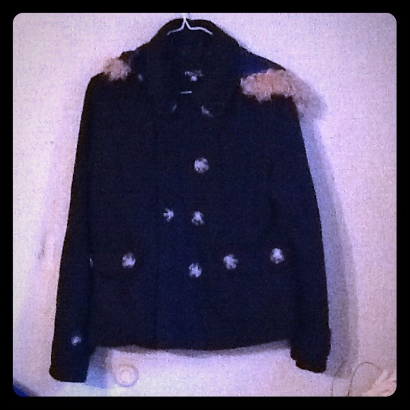 Rue 21. Nice black peacoat with detachable hood!