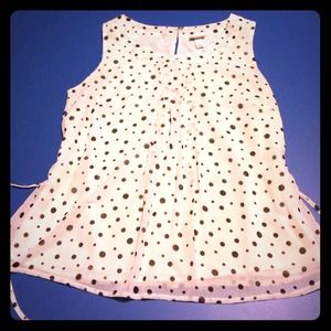 Navy blue and white polka dot blouse