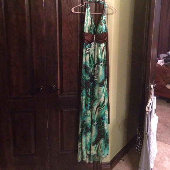 Fancy emerald and brown maxi halter dress
