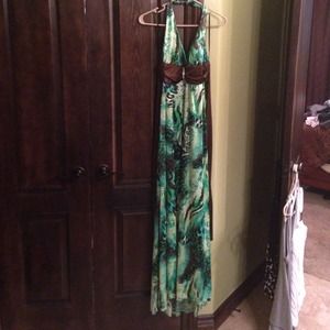 Fancy emerald and brown maxi halter dress