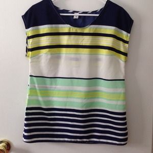 Blue, yellow, green stripped top