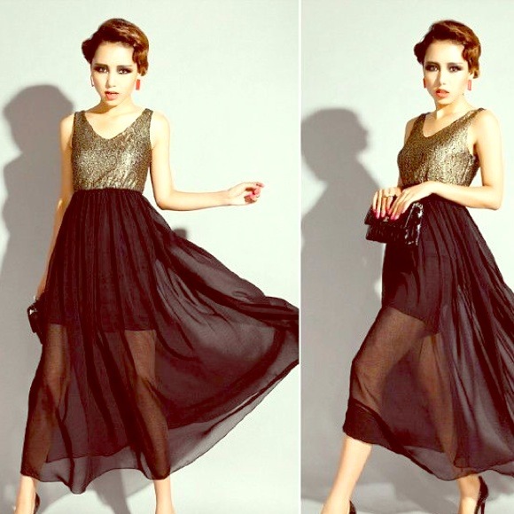 NEW Gold Lace Chiffon Dress S