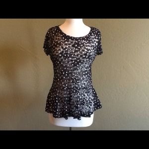 Adorable black sheer lace top w/white poke a dots