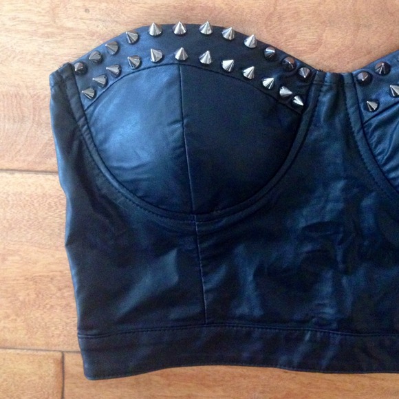 *SOLD* Black Leather Spike Bralette Bustier Top - Picture 2 of 3