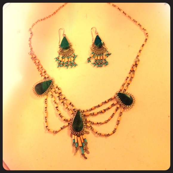 malachite and turquoise necklace and earring
